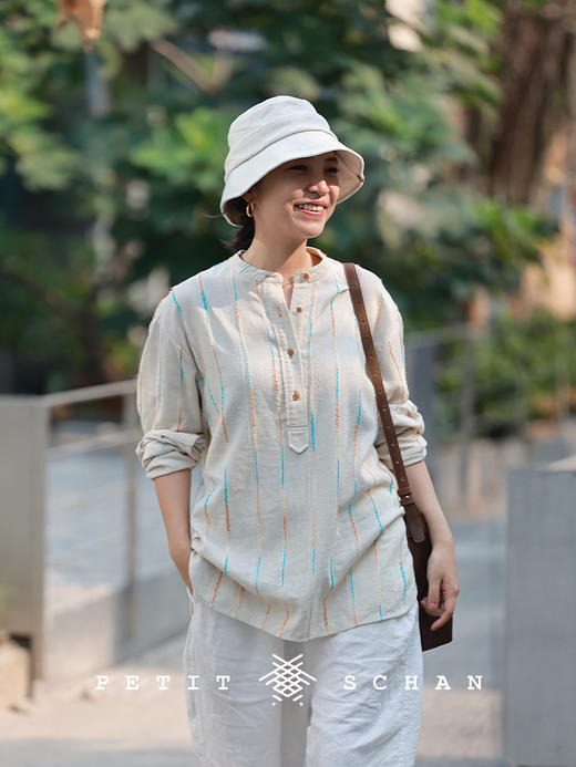 PETIT SCHAN小闪 CLO#582 Neon 霓虹 法国进口亚麻提花色织半开领衬衫 商品图0