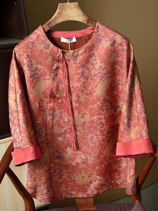 丁摩 真丝非遗香云纱提花国风气质上衣桑蚕丝斜门襟衬衣秋季新4ZF-SYD142 商品图5