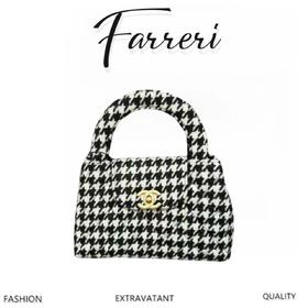 香奶奶 千鸟格 手提包 黑拼白色