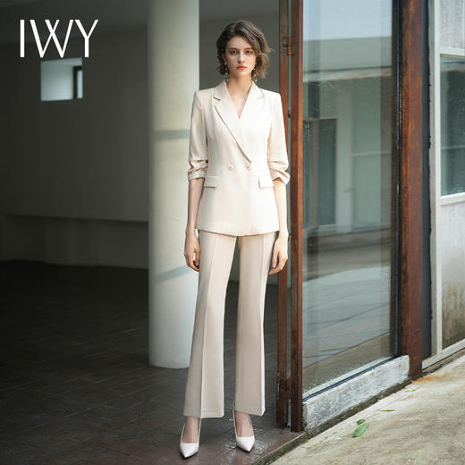 IWY/IWY秋冬季新款杏色西装微喇裤两件套通勤干练气质*职业套装女C14234+P34234 商品图0