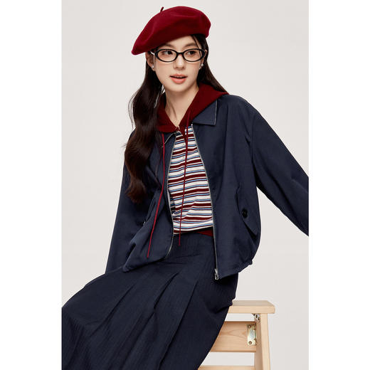 【严选】【双面可穿】诗凡黎藏青色短款外套2024秋韩版休闲宽松运动风夹克7F9310101 商品图2