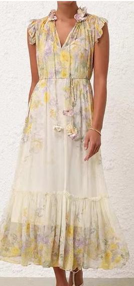 HJ2S80_黄白游色_连衣裙_夏季_V领立体花朵装饰印花收腰显瘦气质 A 字长裙_高级女装_BERNIEELEN 伯妮斯茵