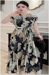 HJ2S92_绿沈色_连衣裙_四季_气质优雅花卉印花圆领收腰系带大摆大码连衣裙_高级女装_BERNIEELEN 伯妮斯茵 商品图0