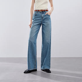 【严选】伊芙丽进口土耳其简约腰节设计拖地直筒牛仔裤裤2024秋装新款裤子1F7951251