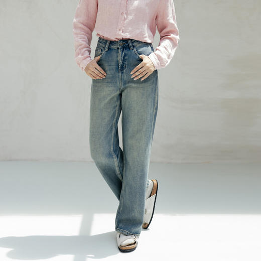 绽放旅行女装681朵/早秋撞色做旧显瘦*直筒复古百搭牛仔长裤 商品图0