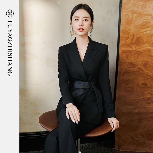 FUYAO扶摇 羊毛戗驳领西装外套女2024秋冬斜纹肌理感提花拼接西服 商品图8