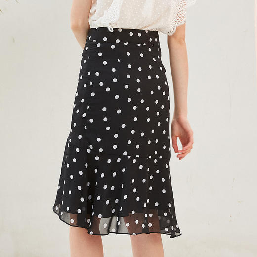 欧芮儿夏装2019新款女装黑白波点鱼尾裙女中长款不规则荷叶边裙 商品图1