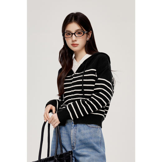 【严选】【心动毛衣】诗凡黎条纹连帽针织开衫24秋新款美丽诺绵羊毛上衣女SF8431301 商品图4