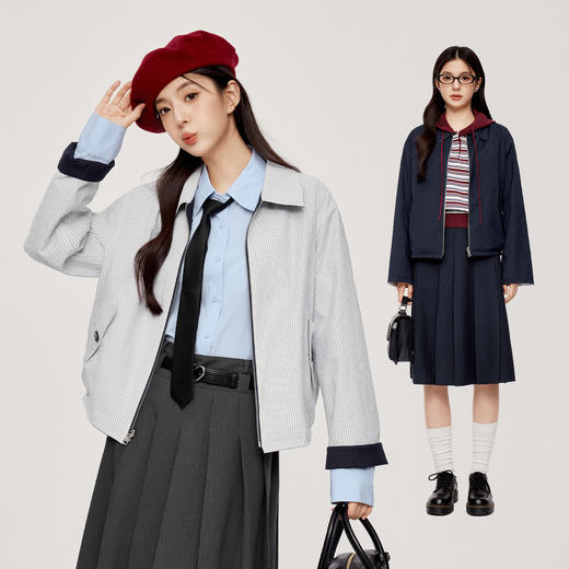 【严选】【双面可穿】诗凡黎藏青色短款外套2024秋韩版休闲宽松运动风夹克7F9310101 商品图3