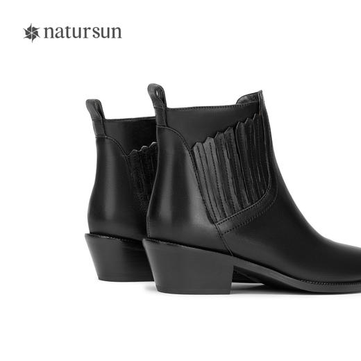 natursun牛皮时装靴秋冬季复古粗跟西部靴圆头舒适短筒靴女鞋N24529301 商品图3