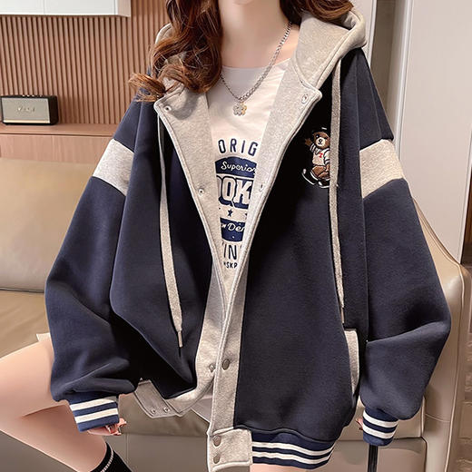 【加绒保暖长袖卫衣外套】秋冬新款 宽松休闲可爱少女外穿上衣 假两件连帽外套 商品图3
