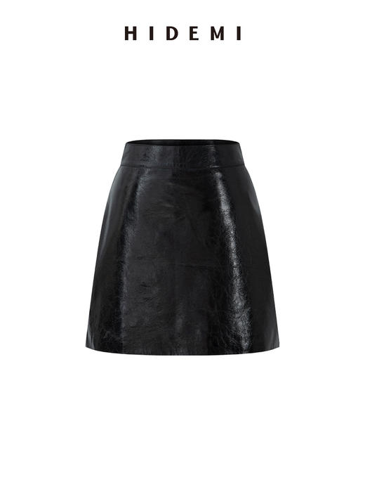 HIDEMI 进口激光涂层裂纹感羊皮极简棒球领拼接拉链短款外套皮衣大衣套装 外套/半裙 商品图8