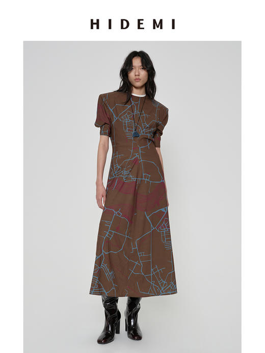 HIDEMI 我们做印花系列手绘地图艺术感油画印花垫肩加宽肩收腰立裁连衣裙 商品图1