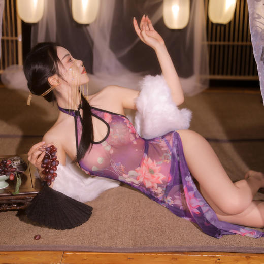 霏慕 忆江南繁莲紫襟透身旗袍6461 成人女士情趣内衣汉服性感衣服房事cos情趣紧身免脱性感睡衣女床上诱惑古风情趣内衣女级污度诱惑 商品图5