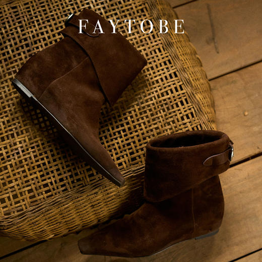 FAYTOBE 麂皮裤管短靴24年秋尖头复古美拉德羊反绒坡跟短筒及踝靴 商品图2