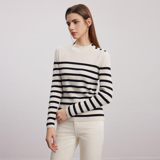 【半高领坑条纹羊绒衫】羊绒世家秋冬新品女士100%山羊绒条纹撞色修身显瘦毛衣 商品图2