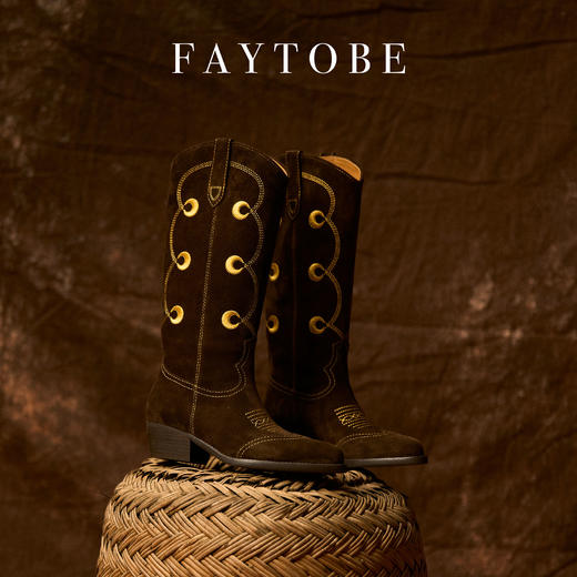 faytobe“月升“彝绣西部靴秋冬新款及膝靴牛皮民族图腾高筒靴 商品图2