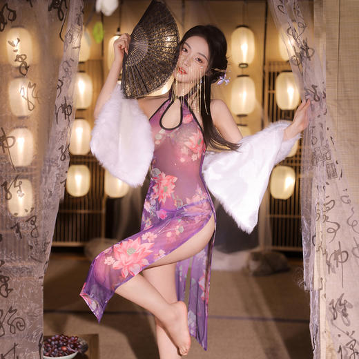 霏慕 忆江南繁莲紫襟透身旗袍6461 成人女士情趣内衣汉服性感衣服房事cos情趣紧身免脱性感睡衣女床上诱惑古风情趣内衣女级污度诱惑 商品图2