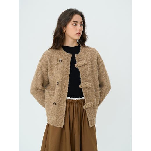 Heydress新中式盘扣针织开衫女秋冬圆领宽松毛衣复古慵懒软糯上衣 商品图0