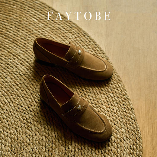 faytobe 「花褶」爱心饰扣绒面乐福鞋复古爱心软底胎牛猄单鞋 商品图6