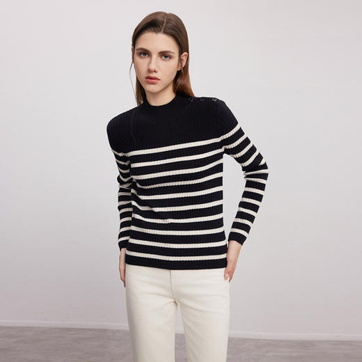 【半高领坑条纹羊绒衫】羊绒世家秋冬新品女士100%山羊绒条纹撞色修身显瘦毛衣 商品图4