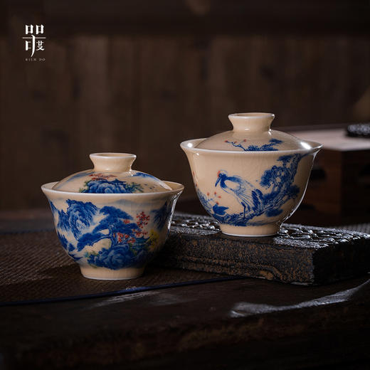 问鼎器度汝窑鹅黄青花博雅盖碗（江山如画）（牡丹松鹤）（缺货） 商品图4