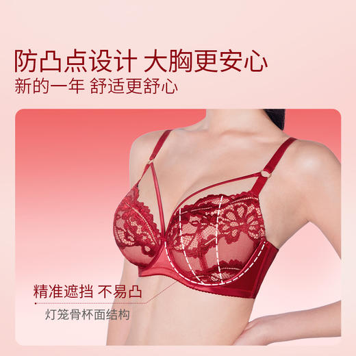奶糖派大胸显小文胸花盛系列超薄单层蕾丝性感显瘦防凸点红品内衣 商品图3
