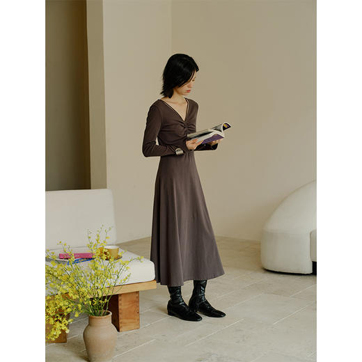 HeyDress法式针织连衣裙女秋季优雅芭蕾舞风V领系带收腰长袖裙子 商品图3