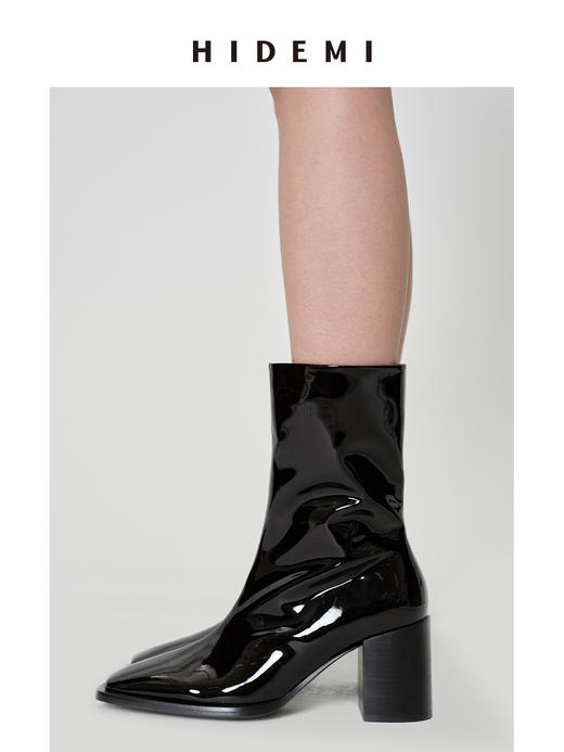 HIDEMI 超显瘦进口牛皮哑光亮皮方头粗跟方跟踝靴短靴 黑色/暗深酒红 商品图5