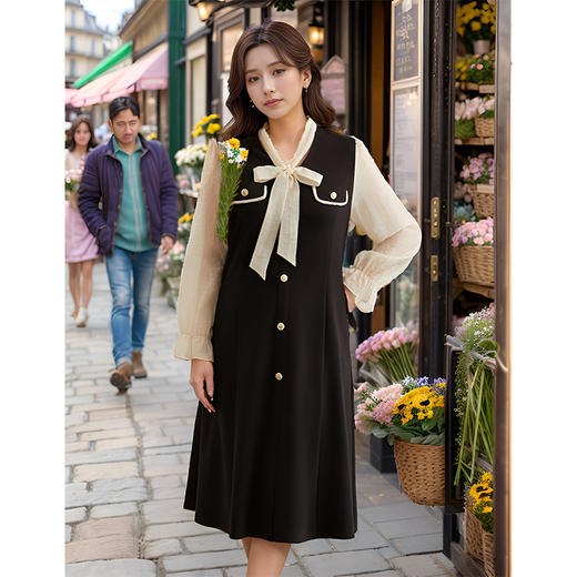 9/4奢姿大码女装2024秋季蝴蝶结绑带V领连衣裙胖妹妹假两件时尚裙子9943891238 商品图1