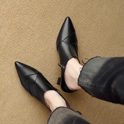 【预售5天】法式裸靴显瘦尖头深口单鞋女高跟单靴奶茶色侧拉链粗跟黑色高跟鞋秋DB&M6023 商品图4