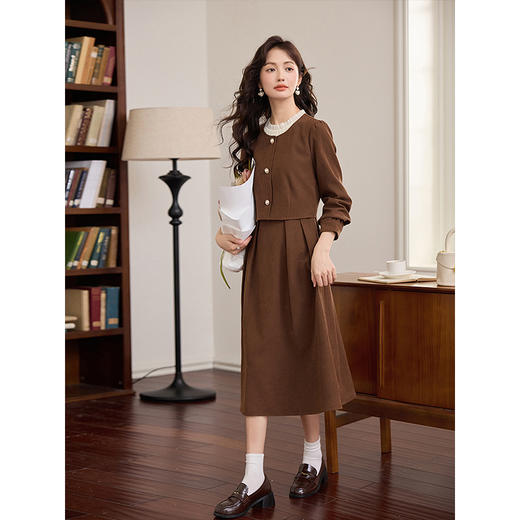 【1件76折】熙世界美拉德棕色假两件连衣裙女设计感秋冬加厚磨毛复古收腰裙子 商品图3