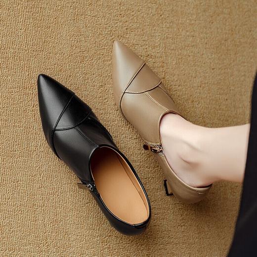 【预售5天】法式裸靴显瘦尖头深口单鞋女高跟单靴奶茶色侧拉链粗跟黑色高跟鞋秋DB&M6023 商品图2