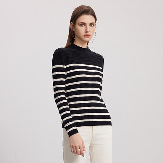 【半高领坑条纹羊绒衫】羊绒世家秋冬新品女士100%山羊绒条纹撞色修身显瘦毛衣 商品图3