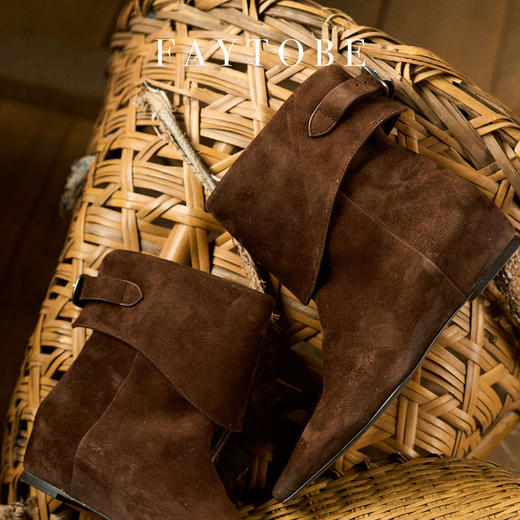 FAYTOBE 麂皮裤管短靴24年秋尖头复古美拉德羊反绒坡跟短筒及踝靴 商品图3