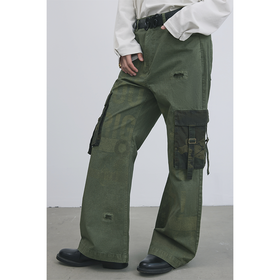 GOODBAI 916 slogan印花迷彩拼接直筒休闲裤