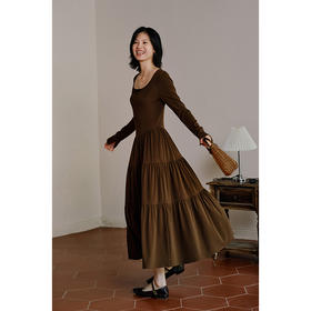 HeyDress法式针织连衣裙女秋季浪漫芭蕾舞风方领收腰显瘦长袖裙子