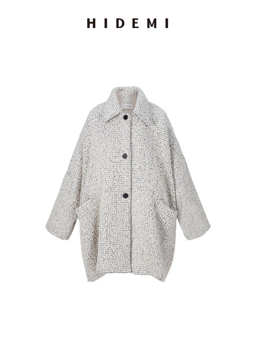 HIDEMI 【孟子义同款】极简大廓形伞状澳毛粗花呢花纱全羊毛翻领落肩厚款纽扣大衣 芝麻黑灰/奶油灰 商品图13