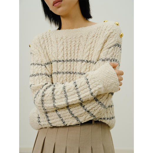 Heydress金属扣条纹针织衫女秋季一字领肌理感复古慵懒宽松上衣 商品图2