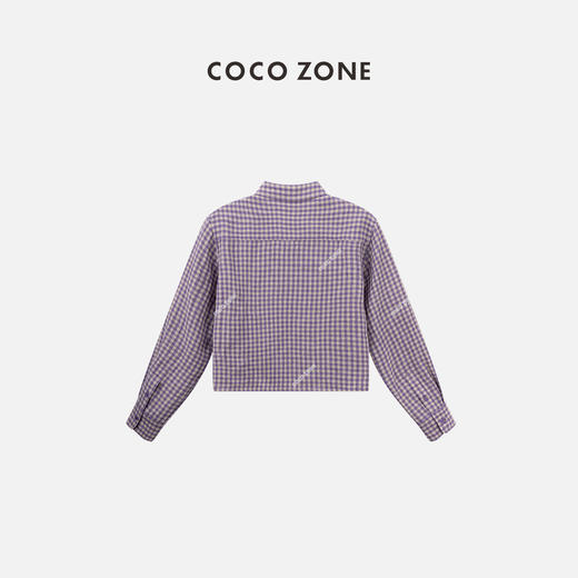 COCO ZONE"薰衣草"100亚麻时尚POLO领格子衬衫女复古上衣 CC1A0623 商品图3