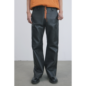 GOODBAI 916 刺绣拼接撞色串珠拉链直筒仿皮休闲裤