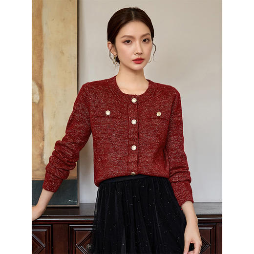 【1件75折】熙世界法式红色针织开衫女小香风2025秋冬新款羊毛混纺毛衣短外套 商品图0