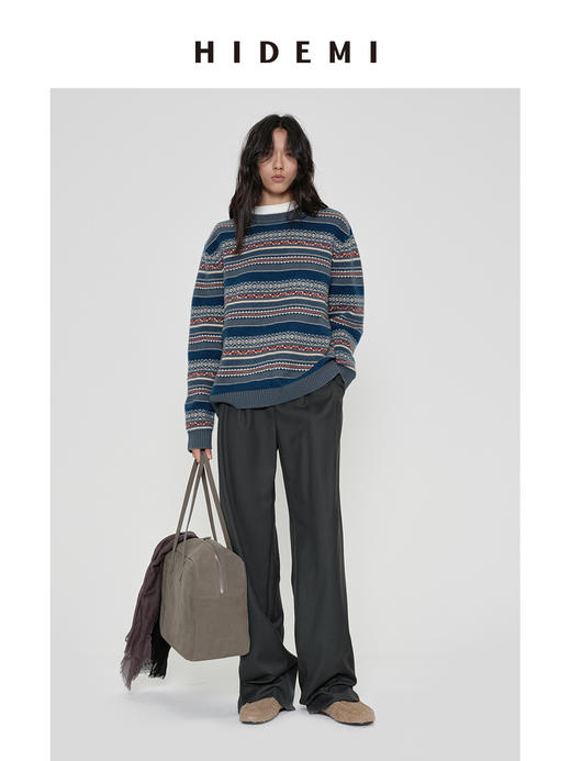 HIDEMI 【赵丽颖同款】进口澳洲美利奴羊毛手绘花型设计感极简圆领廓形落肩款长袖针织毛织毛衣 卡其色/蓝灰色/灰紫色 商品图6