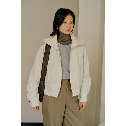 Heydress翻领外套女秋季休闲宽松显瘦通勤短款夹克米白色上衣 商品图0
