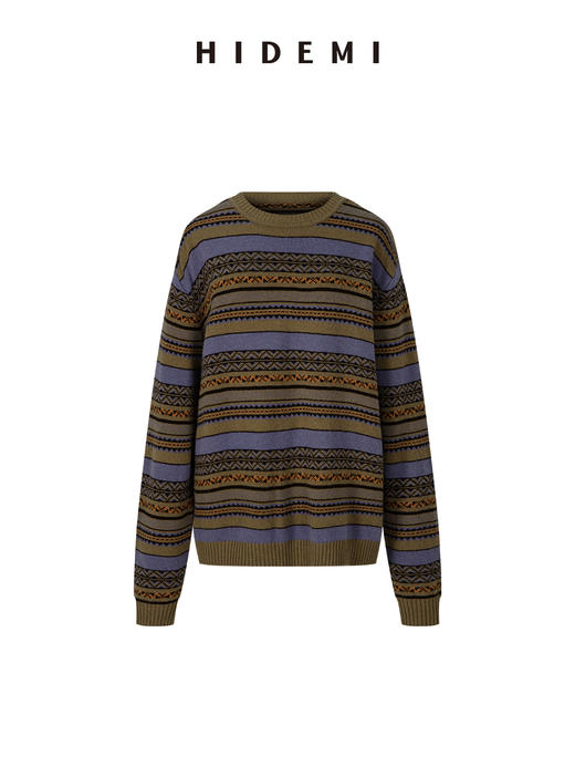HIDEMI 【赵丽颖同款】进口澳洲美利奴羊毛手绘花型设计感极简圆领廓形落肩款长袖针织毛织毛衣 卡其色/蓝灰色/灰紫色 商品图12