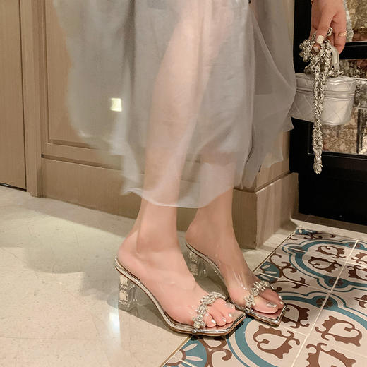 YLY&W0092INS 巨美自留！bing透明水钻银色仙女凉拖鞋外穿时尚水晶高跟凉鞋 商品图1