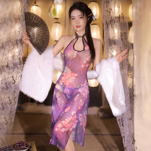霏慕 忆江南繁莲紫襟透身旗袍6461 成人女士情趣内衣汉服性感衣服房事cos情趣紧身免脱性感睡衣女床上诱惑古风情趣内衣女级污度诱惑 商品图4