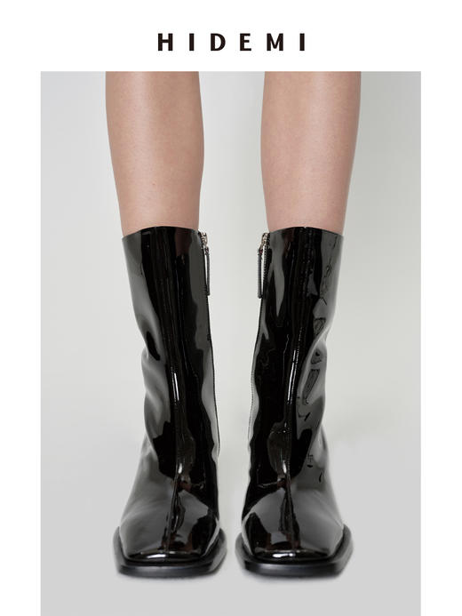 HIDEMI 超显瘦进口牛皮哑光亮皮方头粗跟方跟踝靴短靴 黑色/暗深酒红 商品图4