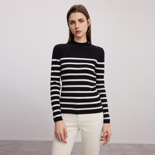【半高领坑条纹羊绒衫】羊绒世家秋冬新品女士100%山羊绒条纹撞色修身显瘦毛衣 商品图5