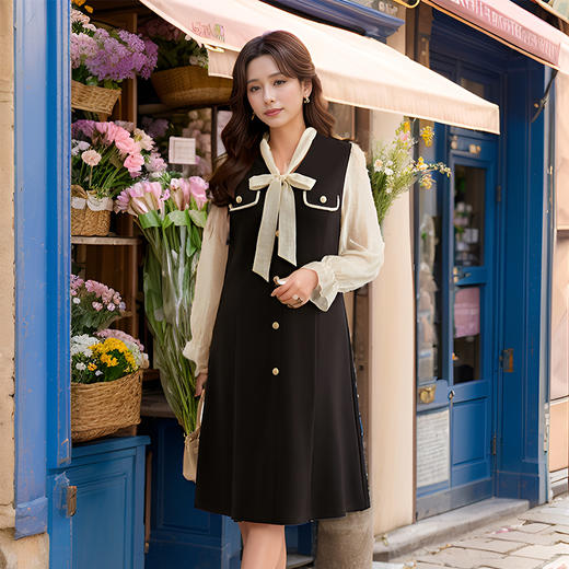 9/4奢姿大码女装2024秋季蝴蝶结绑带V领连衣裙胖妹妹假两件时尚裙子9943891238 商品图0